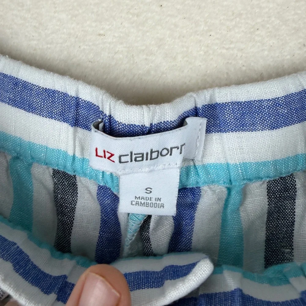 Liz Claiborne Blue Striped‎ Linen Blend Drawstring Shorts Womens Small Pocketed